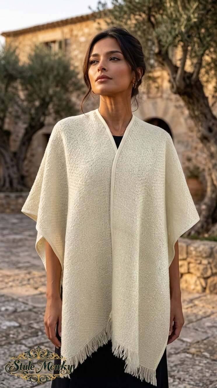 Vintage Japanese Weavers Workshop Open Front Poncho in Cream